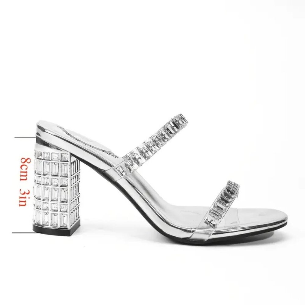 NWOT - Rhinestone Block Heeled Sandals in Silver (Size 7)